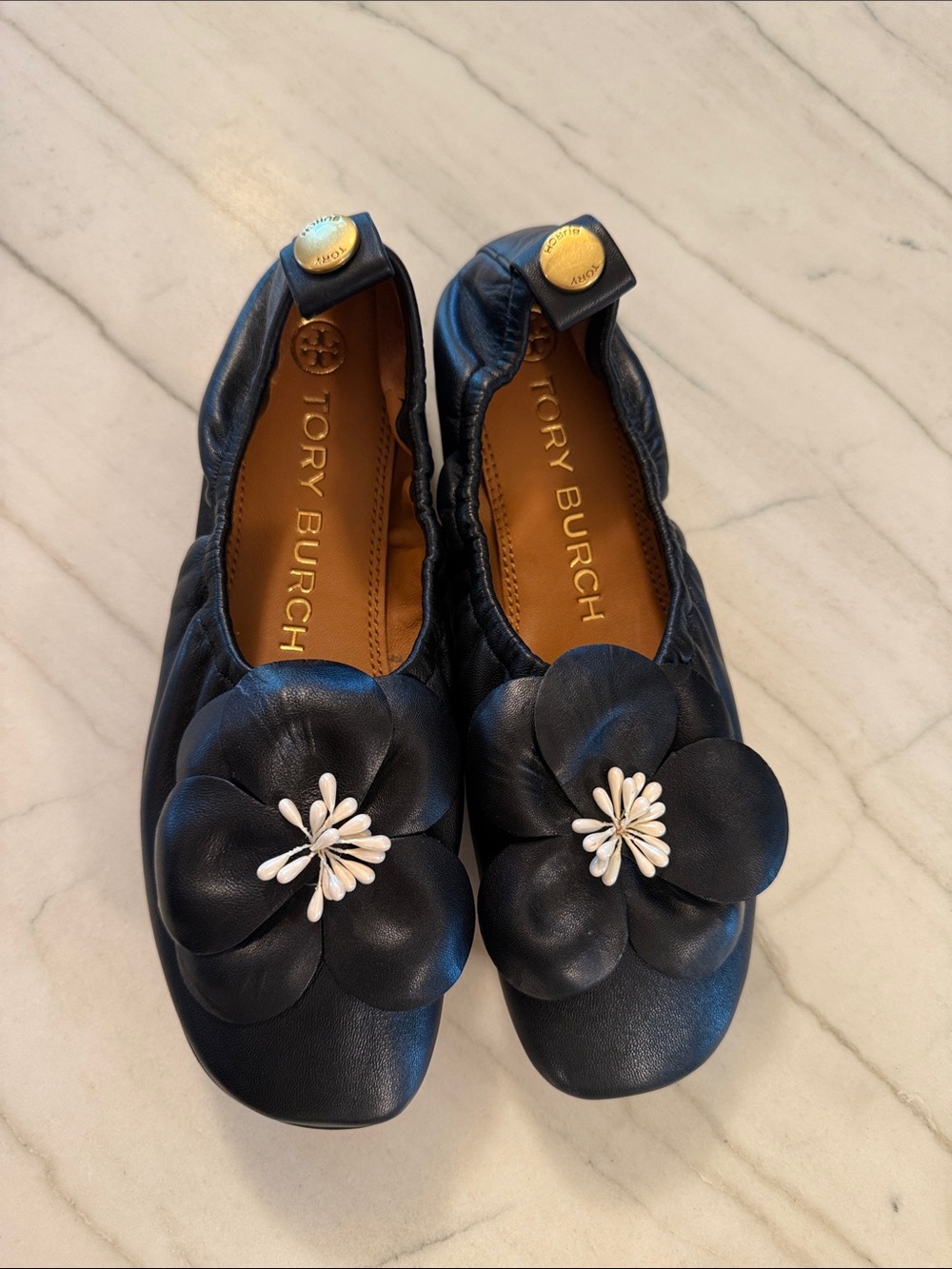Tory Burch black Leather Floral Ballet Flats